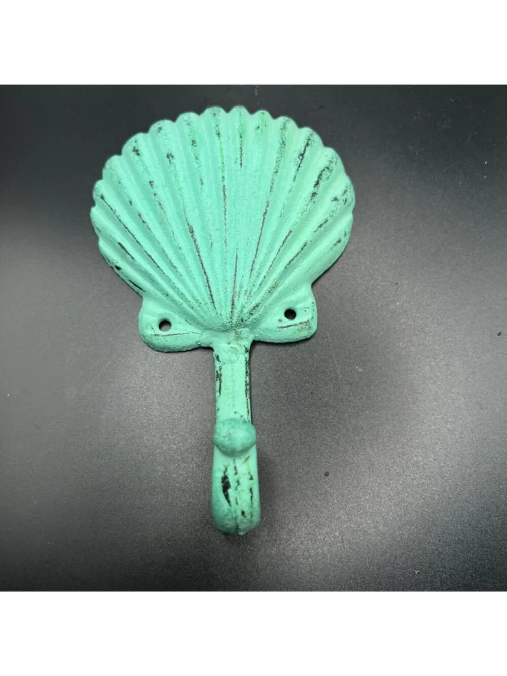 Cast Iron Shell Wall Hooks Distressed Aqua Green Coastal Nautical Set of 2 VTG